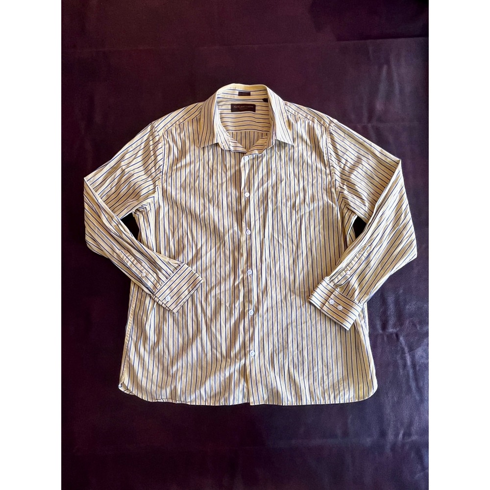 Fairlane & Sons Mens Large Short Yellow Blue Striped Wrinkle Free Button Shirt